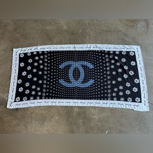 Chanel large black and cream silk scarf made in Italy.